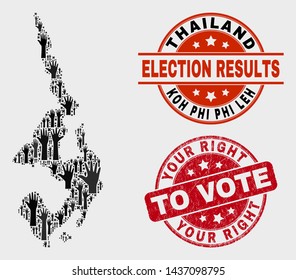 Election Koh Phi Leh map and seal stamps. Red round Your Right to Vote scratched stamp. Black Koh Phi Leh map mosaic of raised up vote arms. Vector combination for election results,