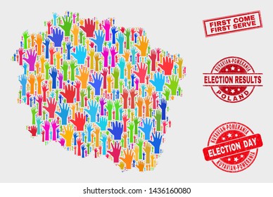 Election Kuyavian-Pomeranian Voivodeship map and stamps. Red rectangle First Come First Serve scratched seal. Bright Kuyavian-Pomeranian Voivodeship map mosaic of upwards support hands.