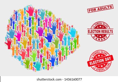 Election La Gomera Island map and seal stamps. Red rectangular For Adults scratched seal stamp. Colored La Gomera Island map mosaic of raised raising hands. Vector combination for election day,