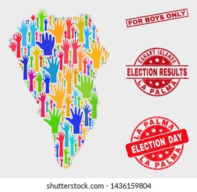 Election La Palma Island map and stamps. Red rectangle For Boys Only grunge seal. Colored La Palma Island map mosaic of raised solution arms. Vector composition for election day, and ballot results.