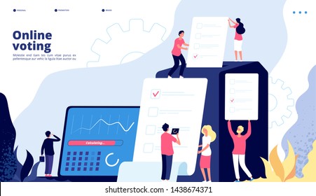 Election landing. Online voting people vote with government electronic system, internet president elections survey testing vector page. Illustration of online vote, digital election government