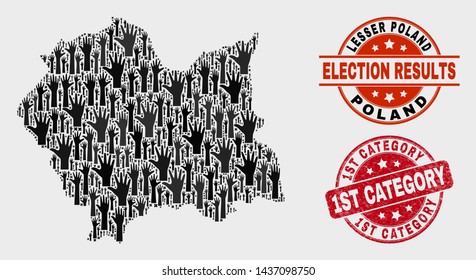 Election Lesser Poland Voivodeship map and seal stamps. Red rounded 1St Category distress seal stamp. Black Lesser Poland Voivodeship map mosaic of raised decision hands.