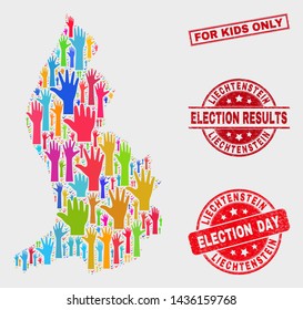 Election Liechtenstein map and seals. Red rectangular For Kids Only distress stamp. Bright Liechtenstein map mosaic of raised up ballot arms. Vector combination for election day, and ballot results.