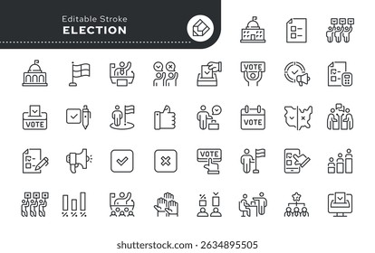 Conjunto de ícones da linha de eleição. Voto, presidente, classificação de candidatos, campanha, escolha política, debate, cédula, governo, voto e muito mais. Ícone de vetor de contorno. Coleção de pictogramas	
