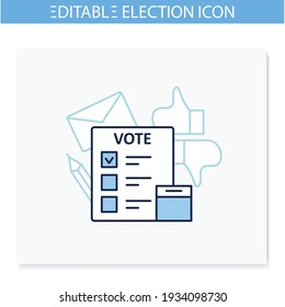 Icono de línea electoral. Formulario de votación, boleta de votación o lista de verificación con marca de verificación. Elección, concepto de votación. Democracia. Elecciones parlamentarias o presidenciales. Ilustración vectorial aislada. Trazo editable