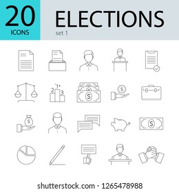 Election line icons, 20 different icons. Concept of vote, elections, rights and law. Vector illustration.