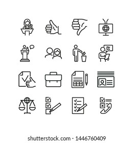 Election line icons. Set of line icons. Global law, invoice, thumb up. Voting concept. Vector illustration can be used for topics like politics, poll