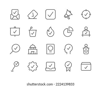 Iconos de la línea electoral establecidos. Objetos vectoriales aislados en un fondo blanco para diseño web y gráficos. Colección de iconos de esquema.
