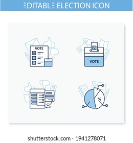 Election line icons set. Election, voting machine and poll, vote box. Choice, vote concept. Democracy. Parliamentary or presidential elections. Isolated vector illustrations. Editable stroke