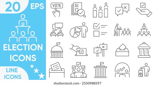 Election line icons.Politics and Election Icon collection containing 20 editable stroke icons.Linear icon collection. Editable stroke. Vector and illustration set.