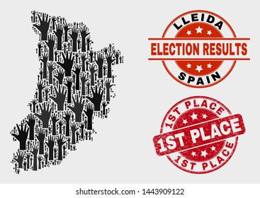 Election Lleida Province map and seals. Red round 1St Place distress watermark. Black Lleida Province map mosaic of upwards support hands. Vector combination for election results,