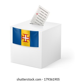 Election in Madeira: ballot box with voting paper on white background