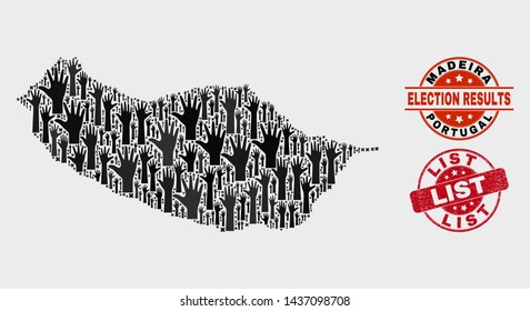 Election Madeira map and watermarks. Red rounded List distress seal. Black Madeira map mosaic of raised raising hands. Vector collage for election results, with List seal.