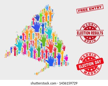 Election Madrid Province map and stamps. Red rectangular Free Entry scratched seal. Colorful Madrid Province map mosaic of raised up election hands. Vector composition for election day,