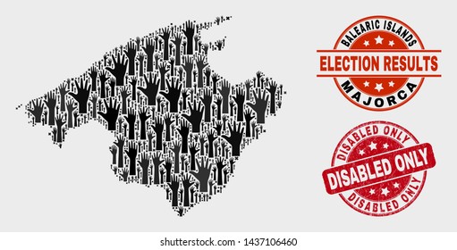 Election Majorca map and watermarks. Red rounded Disabled Only distress seal. Black Majorca map mosaic of upwards election hands. Vector collage for election results, with Disabled Only imprint.