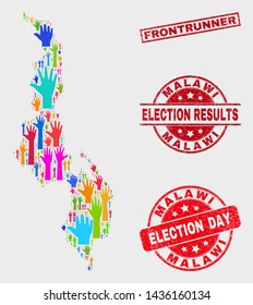 Election Malawi map and seal stamps. Red rectangle Frontrunner distress seal. Colorful Malawi map mosaic of upwards voting hands. Vector combination for election day, and ballot results.