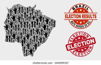 Election Mato Grosso do Sul State map and seal stamps. Red round Election distress seal stamp. Black Mato Grosso do Sul State map mosaic of raised up agree hands.