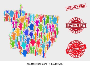 Election Mato Grosso State map and seal stamps. Red rectangle Good Year distress seal. Colored Mato Grosso State map mosaic of upwards like arms. Vector collage for election day,