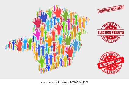Election Minas Gerais State map and seal stamps. Red rectangle Hidden Danger scratched seal. Bright Minas Gerais State map mosaic of raised up selection arms. Vector combination for election day,