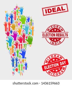 Election Mizoram State map and seal stamps. Red rectangular Ideal grunge seal. Colorful Mizoram State map mosaic of upwards help hands. Vector combination for election day, and referendum results.