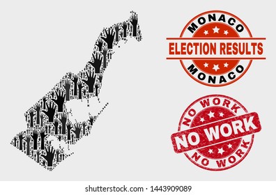 Election Monaco map and seal stamps. Red rounded No Work textured stamp. Black Monaco map mosaic of raised election arms. Vector collage for election results, with No Work watermark.