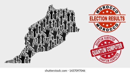 Election Morocco map and watermarks. Red round Quantum Computer textured seal stamp. Black Morocco map mosaic of upwards raising hands. Vector collage for election results,