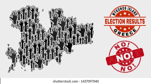 Election Mykonos Island map and seal stamps. Red round No! scratched seal. Black Mykonos Island map mosaic of upwards like hands. Vector collage for election results, with No! seal.