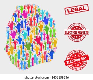 Election Nevis Island map and stamps. Red rectangle Legal textured seal stamp. Colored Nevis Island map mosaic of raised up support arms. Vector combination for election day, and referendum results.