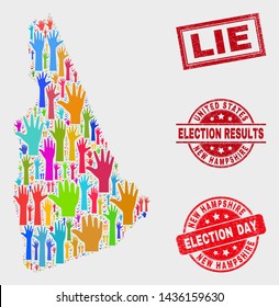 Election New Hampshire State map and seal stamps. Red rectangular Lie scratched watermark. Colored New Hampshire State map mosaic of raised like arms. Vector combination for election day,