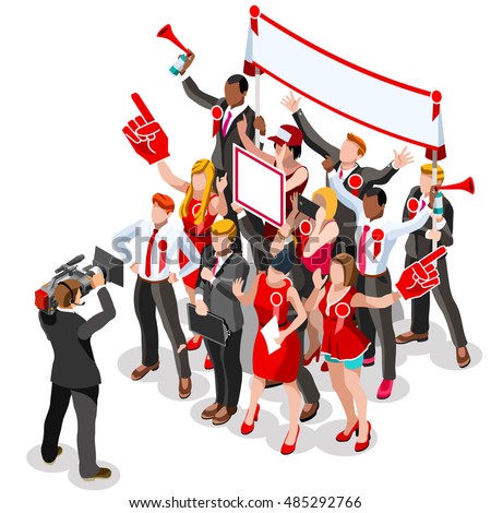 Election News infographic. Us Democrat Republican convention hall. Party presidential debate endorsement. Trump GOP rally 3D flat senate congress tribune pedestal auditorium audience Vector Image