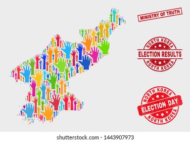 Election North Korea map and watermarks. Red rectangle Ministry of Truth distress seal stamp. Colorful North Korea map mosaic of raised up ballot arms. Vector combination for election day,