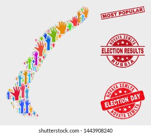 Election Novaya Zemlya Islands map and seal stamps. Red rectangular Most Popular scratched seal. Colored Novaya Zemlya Islands map mosaic of upwards choice hands. Vector composition for election day,