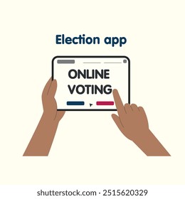 Eleição na guia. Mãos usando um aplicativo de votação on-line em um tablet para eleições digitais, destacando o fácil acesso