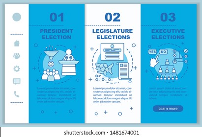 Election onboarding mobile web pages vector template. President, legislature. Responsive smartphone website interface idea with linear illustrations. Webpage walkthrough step screens. Color concept