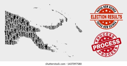 Election Papua New Guinea map and seal stamps. Red rounded Process scratched watermark. Black Papua New Guinea map mosaic of raised up raising arms. Vector combination for election results,