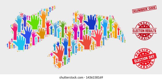 Election Paraiba State map and watermarks. Red rectangular Number One grunge watermark. Colorful Paraiba State map mosaic of raised referendum arms. Vector combination for election day,