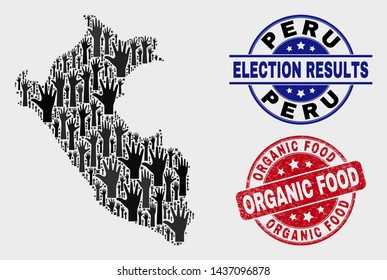 Election Peru map and stamps. Red round Organic Food distress seal stamp. Black Peru map mosaic of upwards voting arms. Vector combination for referendum results, with Organic Food seal stamp.