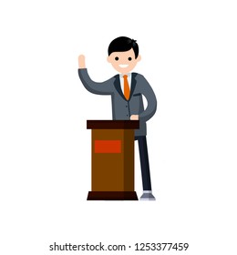 Election of a present. Man behind the podium. Political work, lecture and speaker. Businessman in a suit speech. Dialogue and debate with red flag. Cartoon flat illustration