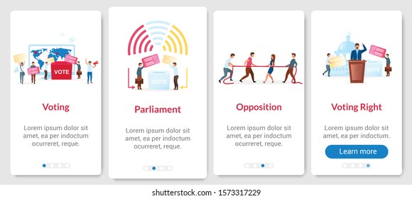 Election process onboarding mobile app page screen with vector template. Voting for president. Walkthrough website steps with flat characters. UX, UI, GUI smartphone cartoon interface concept
