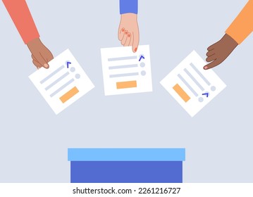 Election process, people choose the president, members of parliament or congressmen from candidats. Electoral system in representative democracy country. Vote on paper ballot flat vector illustration