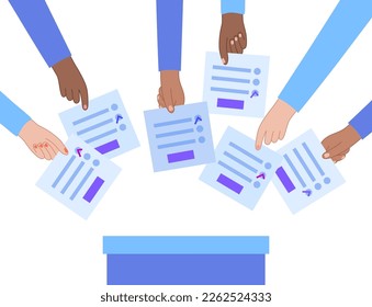 Election process, people choose the president, members of parliament or congressmen from candidats. Electoral system in representative democracy country. Vote on paper ballot flat vector illustration