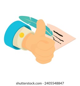 Election program icon isometric vector. Man hand with thumb up and paper and pen. Candidate program, political concept