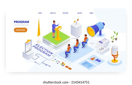 Election program, landing page design, website banner vector template. Woman politician giving speech behind the rostrum