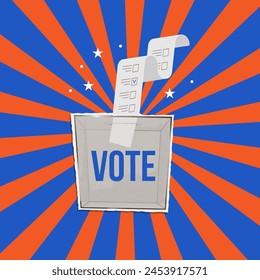 Election promo collage. Pop art banner with ballot in voting box and striped ray background. Collage for US Election 2024 campaign. Vector illustration