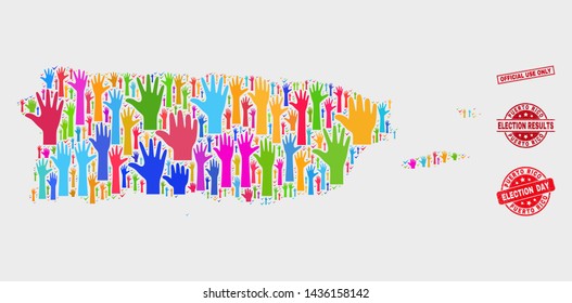 Election Puerto Rico map and stamps. Red rectangular Official Use Only textured watermark. Colored Puerto Rico map mosaic of raised election hands. Vector collage for election day,