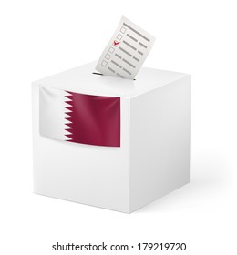 Election in Qatar: ballot box with voting paper on white background