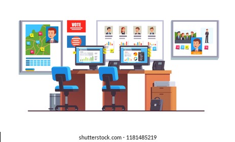 Election race campaign headquarters with analyst desk, computers, chairs, wall posters, map, progress diagrams, candidate portraits. Politician campaign managers HQ office. Flat vector illustration
