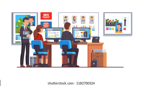 Election race campaign headquarters analyst team working together analyzing candidates polls data. Politician HQ office workers and campaign manager. Flat style isolated vector illustration