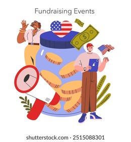 Election Race concept. American citizens engage in fundraising events, showcasing civic involvement and financial support. Coins, megaphone, and patriotic elements. Vector illustration.