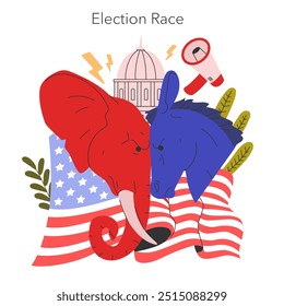 Wahlkampf-Konzept. Animierter Elefant und Esel, der politische Parteien in den USA mit Capitol Silhouette repräsentiert. Demokratie und Wettbewerb. Vektorgrafik.